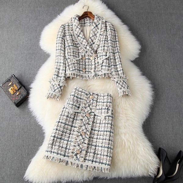 

two piece dress women autumn winter plaid tweed jacket double breasted coat + tassel a-line skirt suit office outfit 2021, White