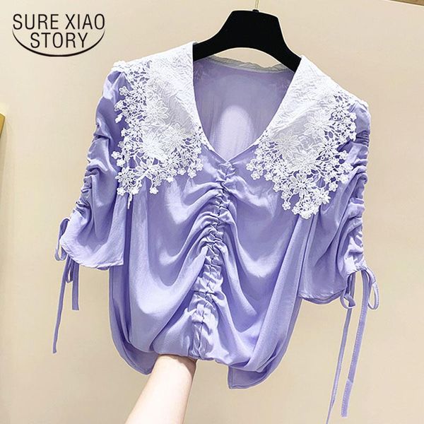 

women's blouses & shirts 2021 summer korean clothing short sleeve loose lace sweet chiffon blouse women solid color ladies camisas muj, White