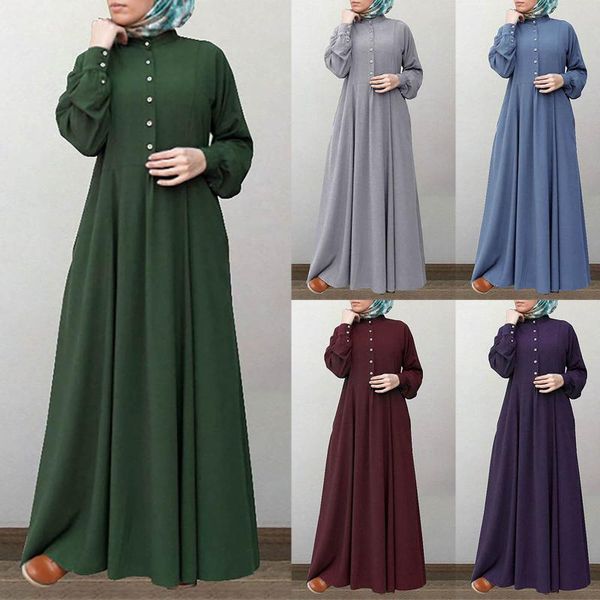 

casual dresses 2021 ramadan muslim dress robe islam clothing women retro long sleeve button solid color o-neck cotton maxi, Black;gray