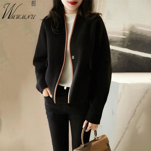 

elegant v-neck short woolen coat women korean fashion color contrast single button cardigan autumn ol style office lady jackets 211130, Black