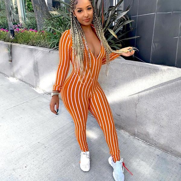 

women's jumpsuits & rompers fashion womens clubwear playsuit long sleeve v neck stripe bodycon party jumpsuit romper trousers, Black;white