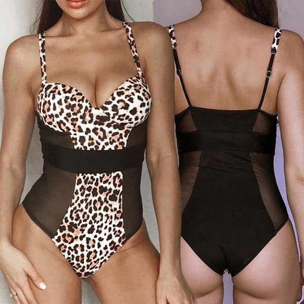 

women bikini one-piece swimwear leopard swimsuit mesh patchwork monokini push up bikini set tankini brazilian swimming suit