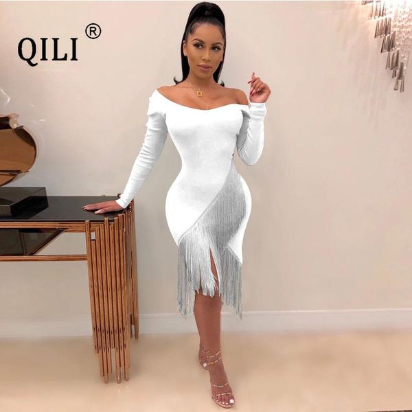 

casual dresses qili women tassel dress solid color long sleeve fringed 2021 spring v-neck women's nightclub, Black;gray