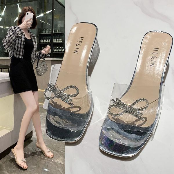 

slippers spring and summer style fish mouth fashion rhinestone bow transparent thick heel foreign trade 45 cool half support, Black