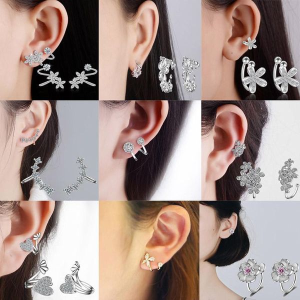 

clip-on & screw back 925 sterling silver ear clip earrings flower butterfly earring for women crystal cilp rose gold jewelry oorbellen