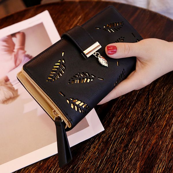 

women wallet pu leather purse female long wallet hollow leaves pouch handbag for women coin purse card holders clutch carteira, Red;black