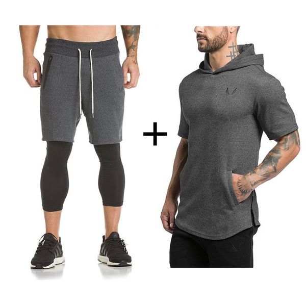 

men's tracksuits mens gyms sportswear suit tight workout elasticity casual short sleeve hoodies+shorts cotton trainings fitness sportsu, Gray