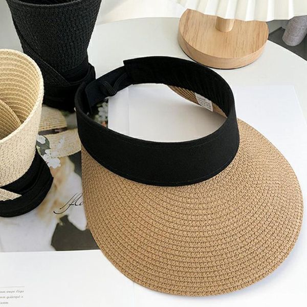 

outdoor hats magic tape panama women straw hat empty 2021 women's summer sun protection sports fishing beach chapeau, Black;white