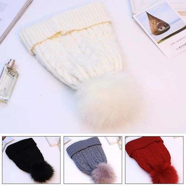

2021 new women winter wool hat for women faux fur ball beanie outdoor knit warm soft hat cap thick female cap, Blue;gray