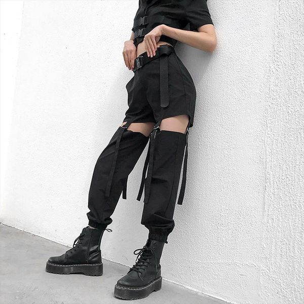

casual pockets ribbons cargo women pant high waist straight harajuku trousers, Black;white