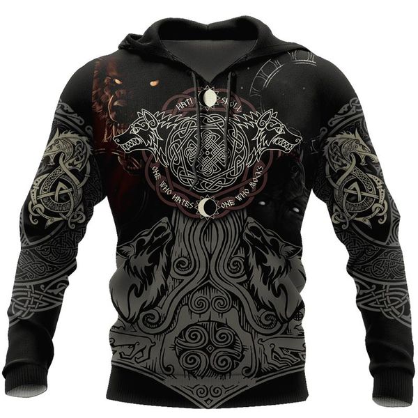 

men's hoodies & sweatshirts the latest viking odin wolf tattoo 3d full-body print autumn hoodie casual zipper street harajuku sweatsh, Black