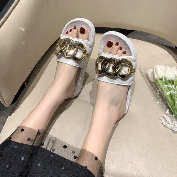 

slippers female shoes low womens outdoor luxury slides platform 2021 designer beach flat pu basic chain house, Black