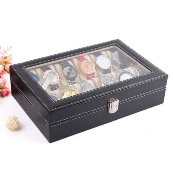 

watch boxes & cases jewelry dispay box holder organizer case 10 grids pu slots wrist display storage, Black;blue