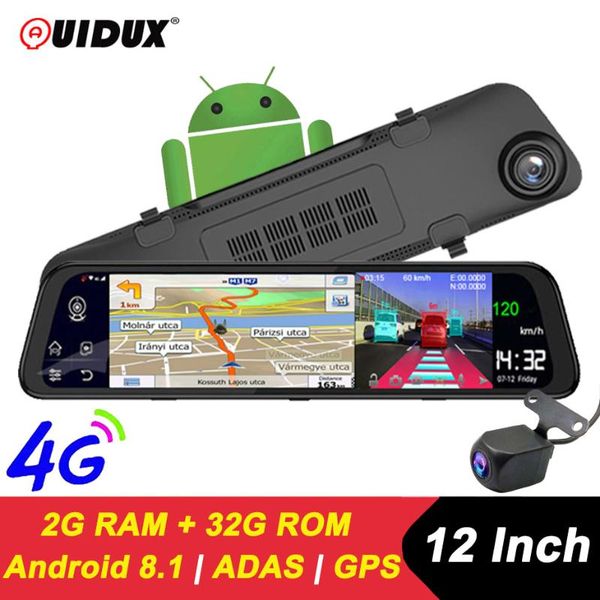 

quidux 12" 4g touch screen car dash camera recorder rearview dvr mirror 1080p android 8.1 wifi gps navigation mirror video cam car dvr