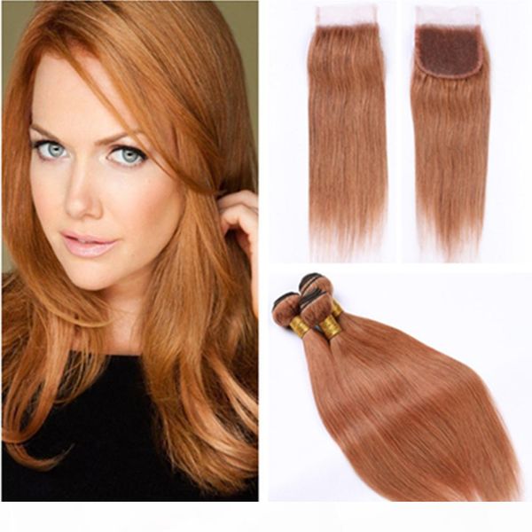 

#30 light brown peruvian human hair extensions straight weave wefts with closure medium auburn straight 3 bundle deals with lace closure 4x4, Black;brown