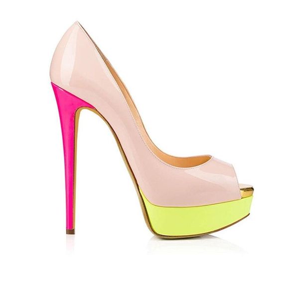 

dress shoes tjl women's large high heel waterproof platform fish mouth patent leather single, Black