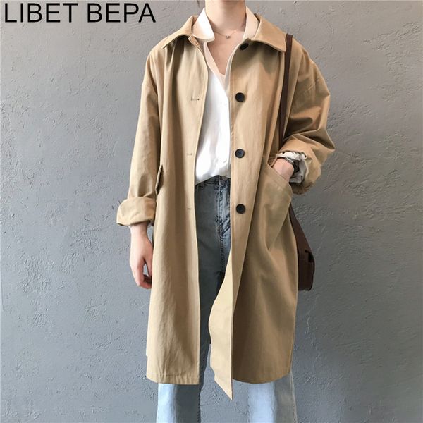 

new 2021 autumn women's cargo windbreaker casual vintage pockets outerwear oversize buttons wild long trench lady jk0393 210218, Tan;black