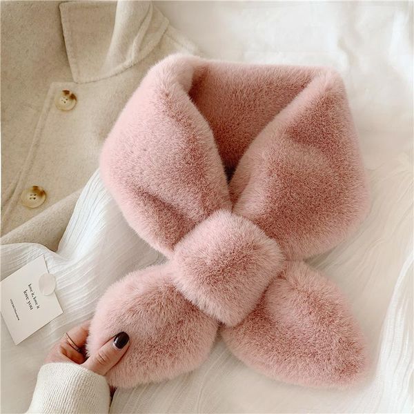 

scarves korean autumn winter solid color plush snood warm neck protection imitation rex fur cross scarf collar female, Blue;gray