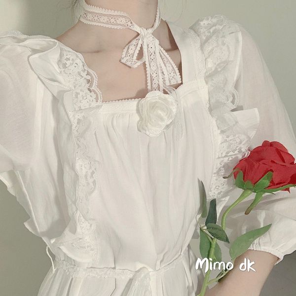 

thin dressing gown white romantic lace retro french fairy sleeve loose and idle dress long akawaii women's clothes ekvr, Black;gray