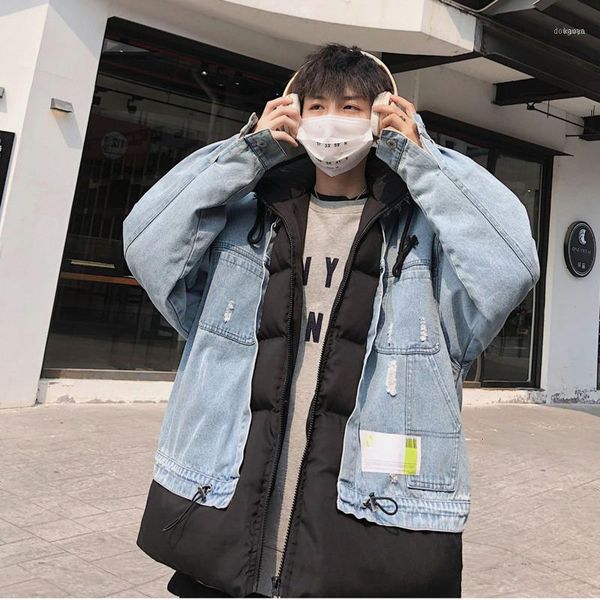 

winter youth men's korean trend hooded cotton coat fashion casual stitching jacket black / blue m-xl1