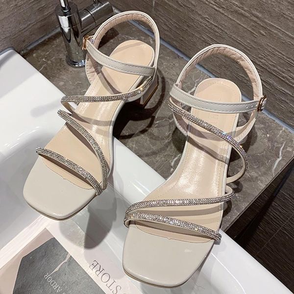 

sandals women fashion narrow band 2021 summer ladies square heels casual shoes crystal gladiator, Black