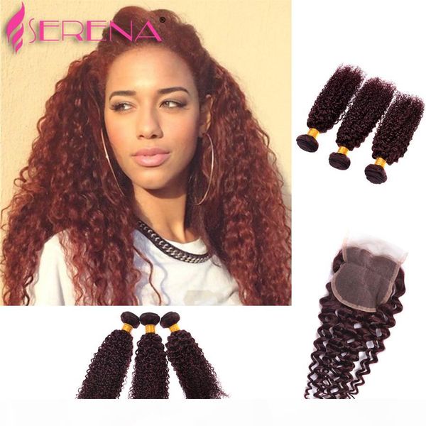 

3 bundles with closure burgundy hair deep curly weave 99j brazilian malaysian peruvian mongolian curly virgin hair 4pcs lot 7a wine red, Black;brown