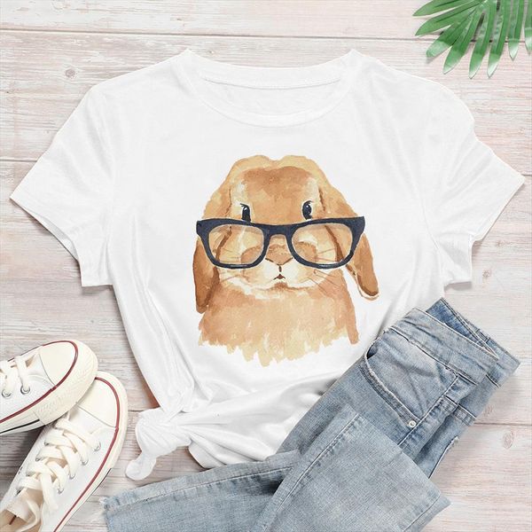 

fashion animal print cute glasses women t shirt rabbit printed streetwear clothes personalized style hipster tees, White