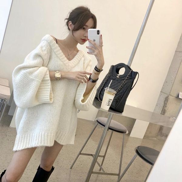 

v neck women's sweater pullovers over plus big size fz170 casual design ladies female knitted outwear, White