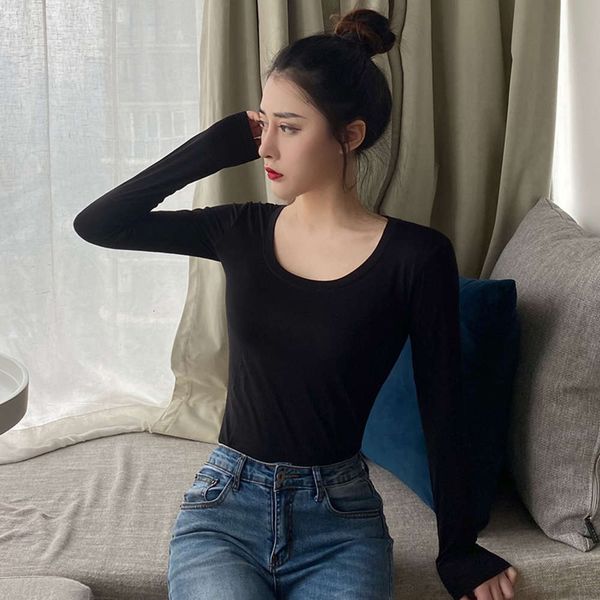 

black modal low collar base coat for women in early autumn and winter with round neck long sleeve thin t-shirt, White