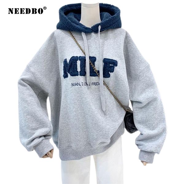 

needbo milf hoodie's sweatshirts letter print lamb wool pullovers loose korean style jacket full sleeve casual 210728, Black