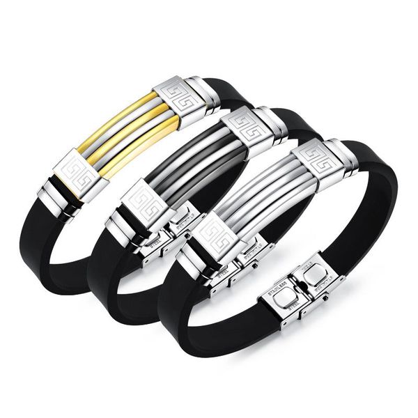 

tennis stainless steel jewelry fashion classic great wall pattern bracelet titanium silicone wristband, Golden;silver