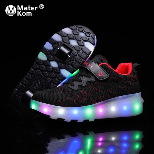 

size 27-43 children luminous wheel sneakers boys girls roller skate shoes with lights for kids usb rechargeable led wheels shoes 210308, Black