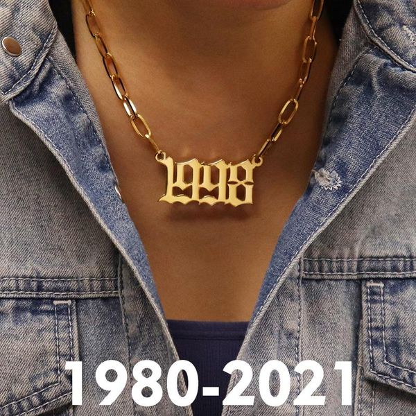 

chains punk stainless steel 1980-2021 birth year necklaces for women men choker date number pendant necklace gift, Silver