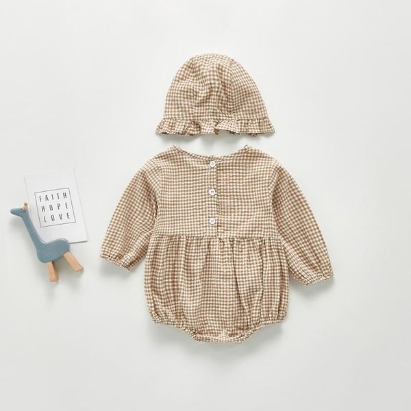 

rompers 2021 born infant plaid bodysuits cute cotton long sleeve baby girls jumpsuit with hat autumn clothing, Blue