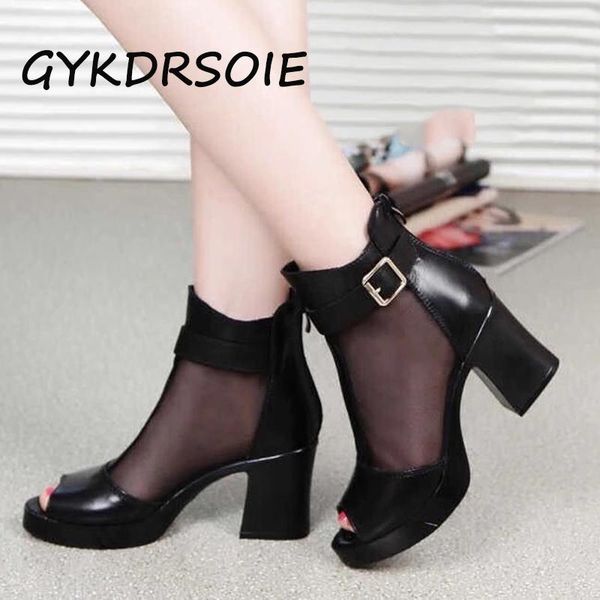 

gykdrsoie factory direct new style leather mesh high heel sandals roman style fashion leather short boots cowhide ladies sandals, Black