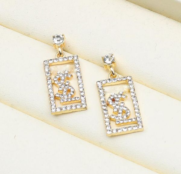 

18k gold plated geometric rectangle dangle stud earrings for womens brand designer letter crystal rhinestone 925 silver tassel party jewerlr