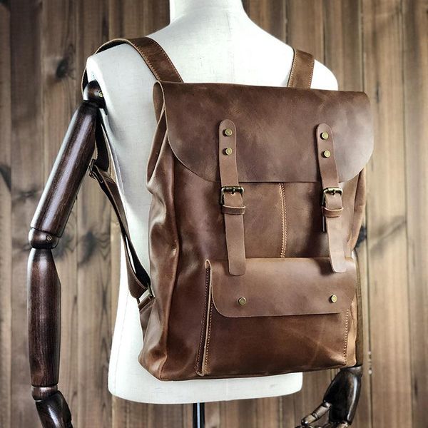 

backpack genuine leather men's lapschool handmade retro rucksack casual daypack overnight weekender travel shoulder bag