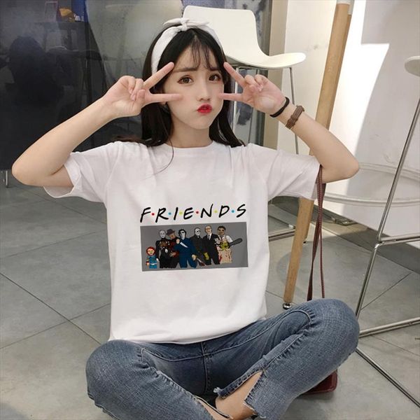 

showtly camisas mujer terror women villain friends movie hipster o neck short sleeve aesthetic plus size graphic casual tee, White