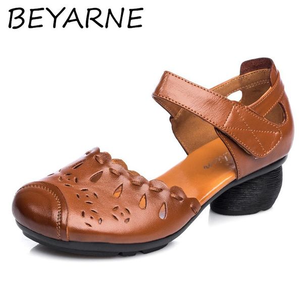 

beyarne summer comfort with thick heel genuine leather sandals mother shoes non-slip rubber bottom women cow leather shoes, Black