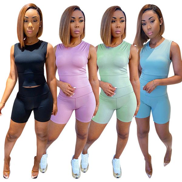 

women tracksuit 2 piece sets solid sleeveless crop + short pants suit matching set female joggers sportwear fitness 2 piece, White