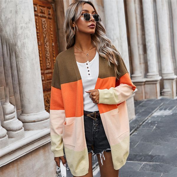 

fashion patchwork long cardigans casual pockets winter knitted sweater for women 2021 new gnjr, White;black