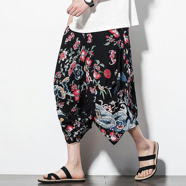 

men's pants 2021 summer bermuda shorts loose straight floral hawaiian casual linen short male style #t2g, Black
