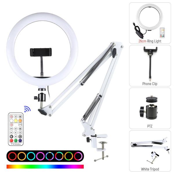 

flash heads rgb ring light led colorful selfie lamp with white long arm stand phone holder for video lives dimmable pography lighting