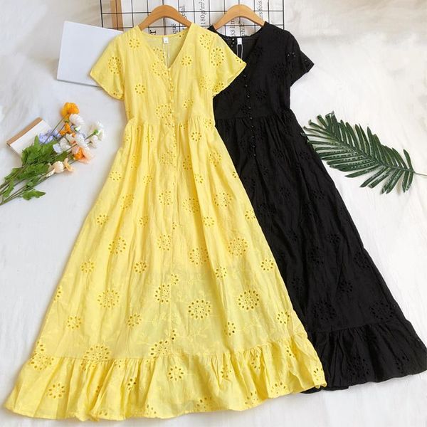 

casual dresses fitaylor summer women sweet v-neck single breasted high waist dress short sleeve a-line hollow out medium long, Black;gray