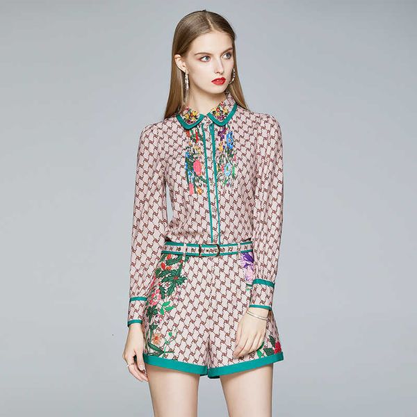 

women's shorts fashion runway khaki letter two piece suit set summer long sleeve flower print shirt + pocket belted rzwk, White;black