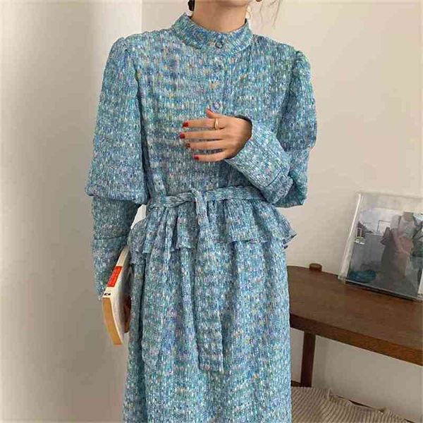

vintage dress for woman printed stand neck high waist es vestido rainbow ruffles elegant blue female 210603, Black;gray