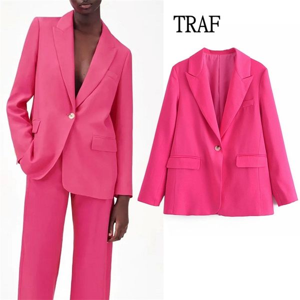 Traf Za Mulheres Blazer Moda Escritório Ladies Casacos Casaco Feminino Rosa Vermelho Vermelho Manga Longa Solta Botão Meninas Chic 210930