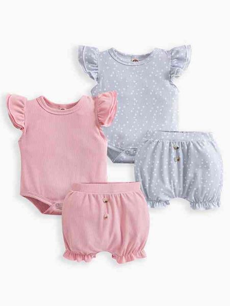 

baby 2sets polka dot ruffle sleeve bodysuit & fake button shorts she, Blue