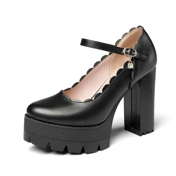 

dress shoes 2021women pumps thick high heels waterproof platform mary janes ruffles classics round toe buckle strap women, Black