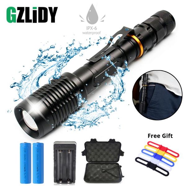 

flashlights torches super bright led t6/l2 torch waterproof zoomable for 2x18650 batteries aluminum+charger+gift box+gift